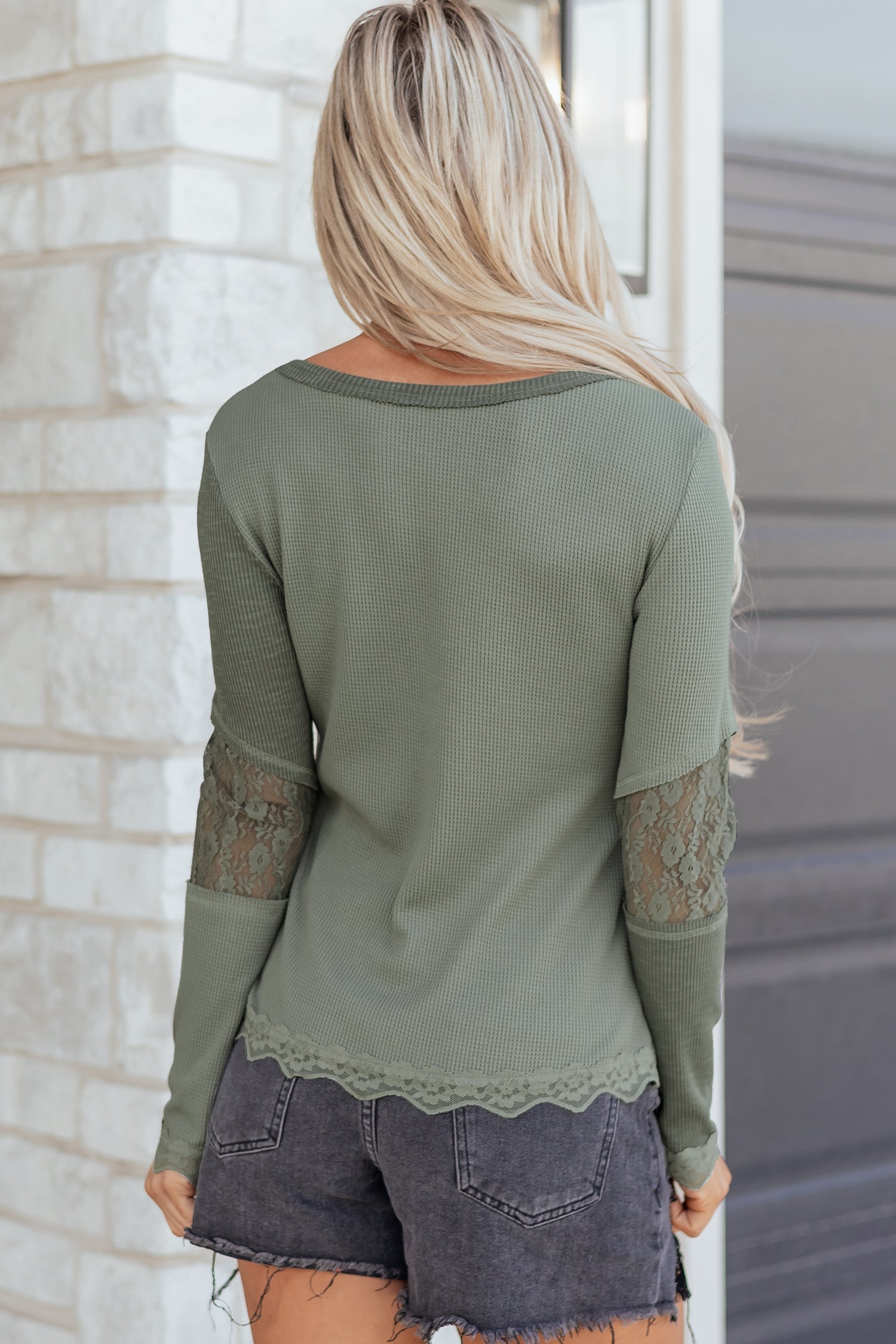 Green Waffle Sage Waffle Rib-Knit Lace Patchwork Long-Sleeved Top