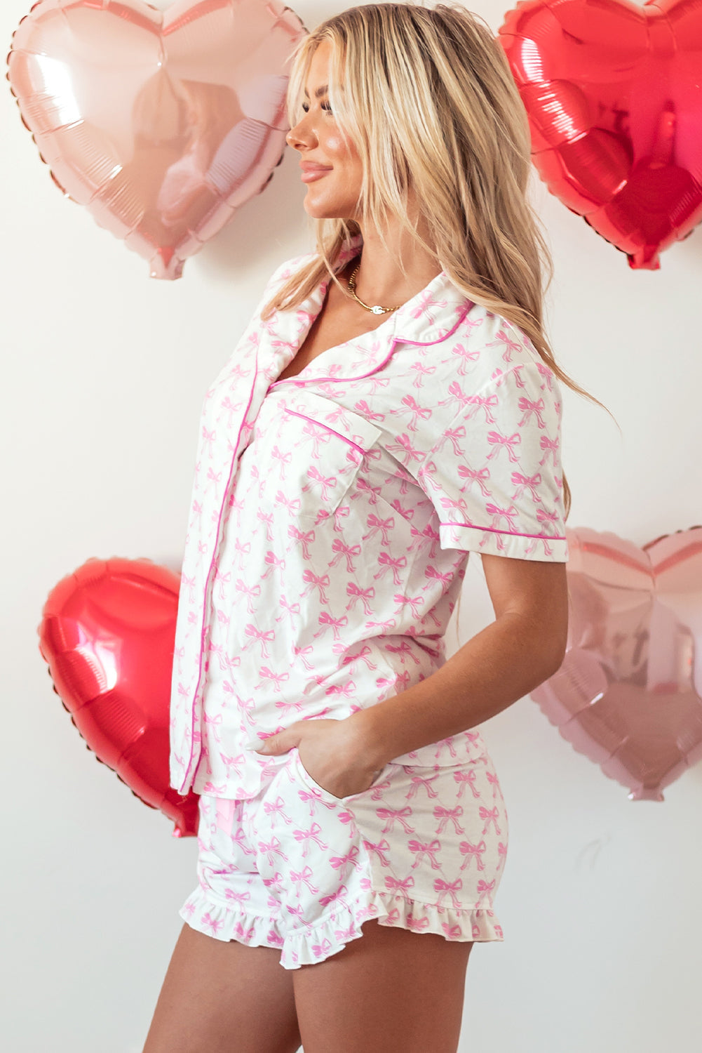 Bowknot and Printed Short-Sleeved Ruffled Shorts Pajama Set