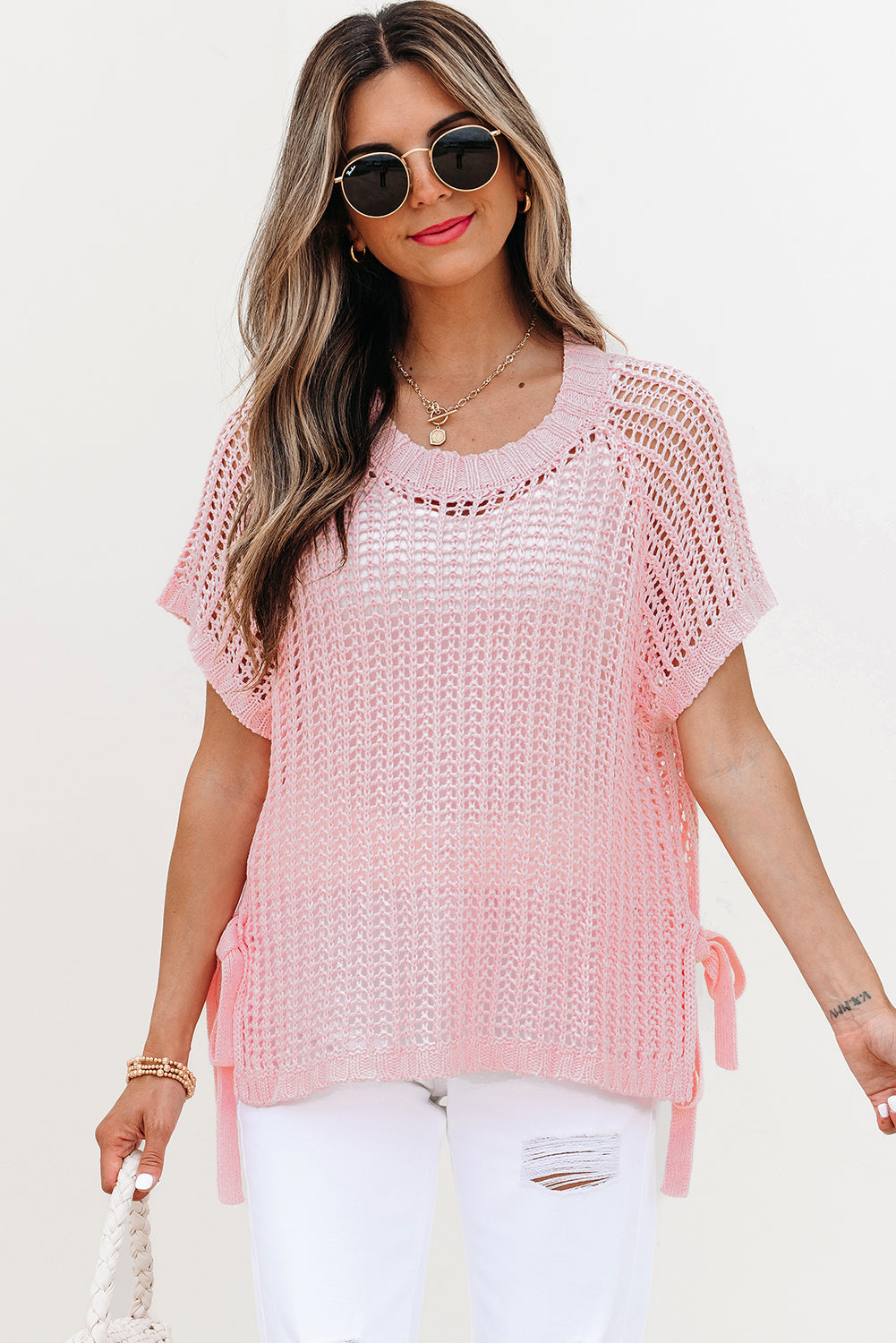 Crochet Side Hollow-out Side Tied Short-Sleeved Knit Top