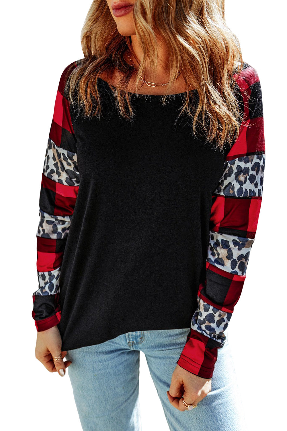 Women's Plaid Leopard-Print Print Long-Sleeve Top