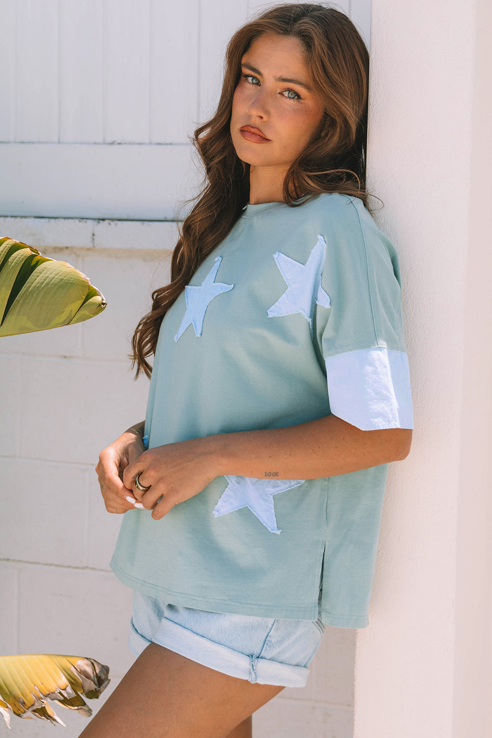 Frayed Patched Denim Star Oversize T Shirt