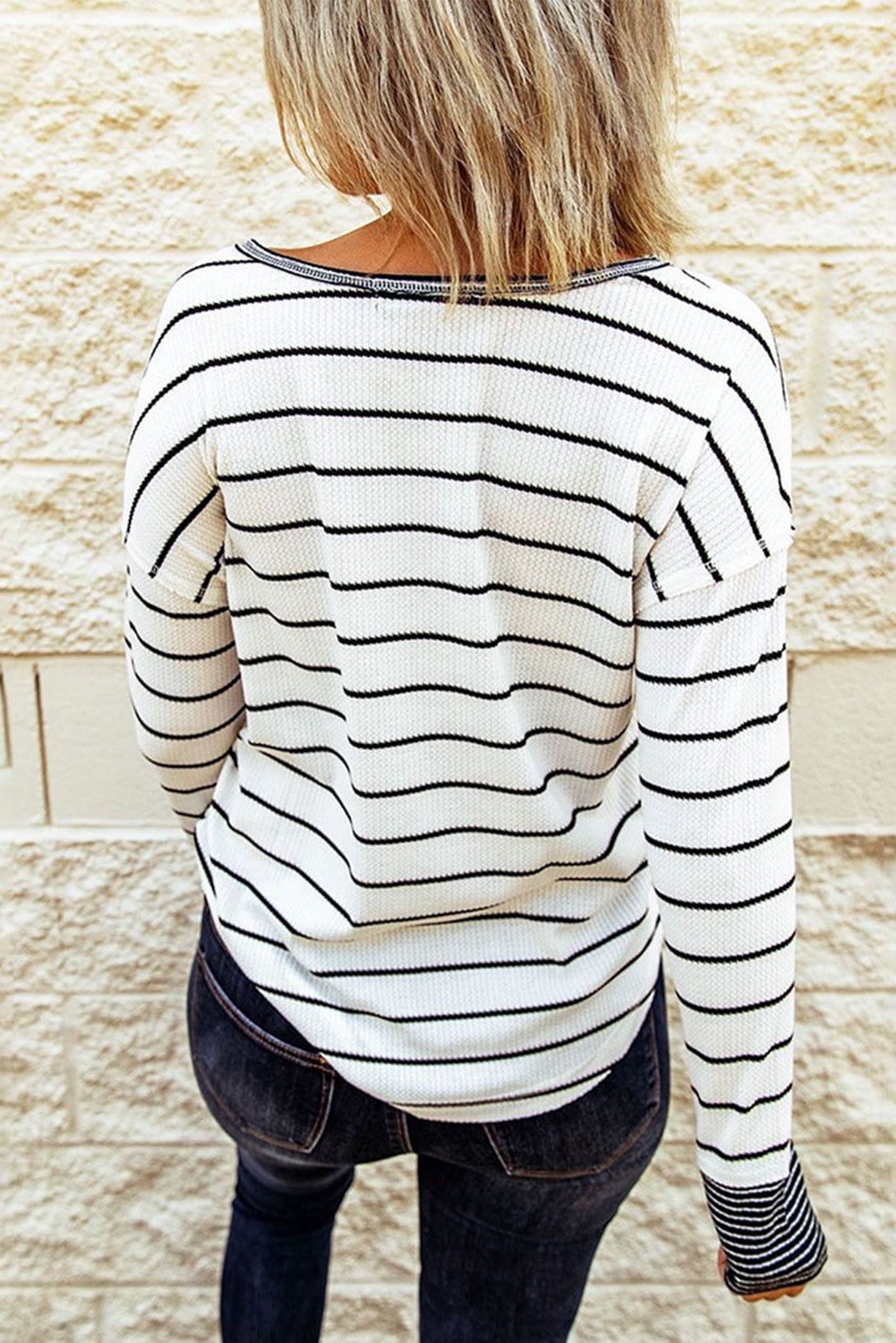 Button-Front Henley Striped Henley Waffle Knit Top