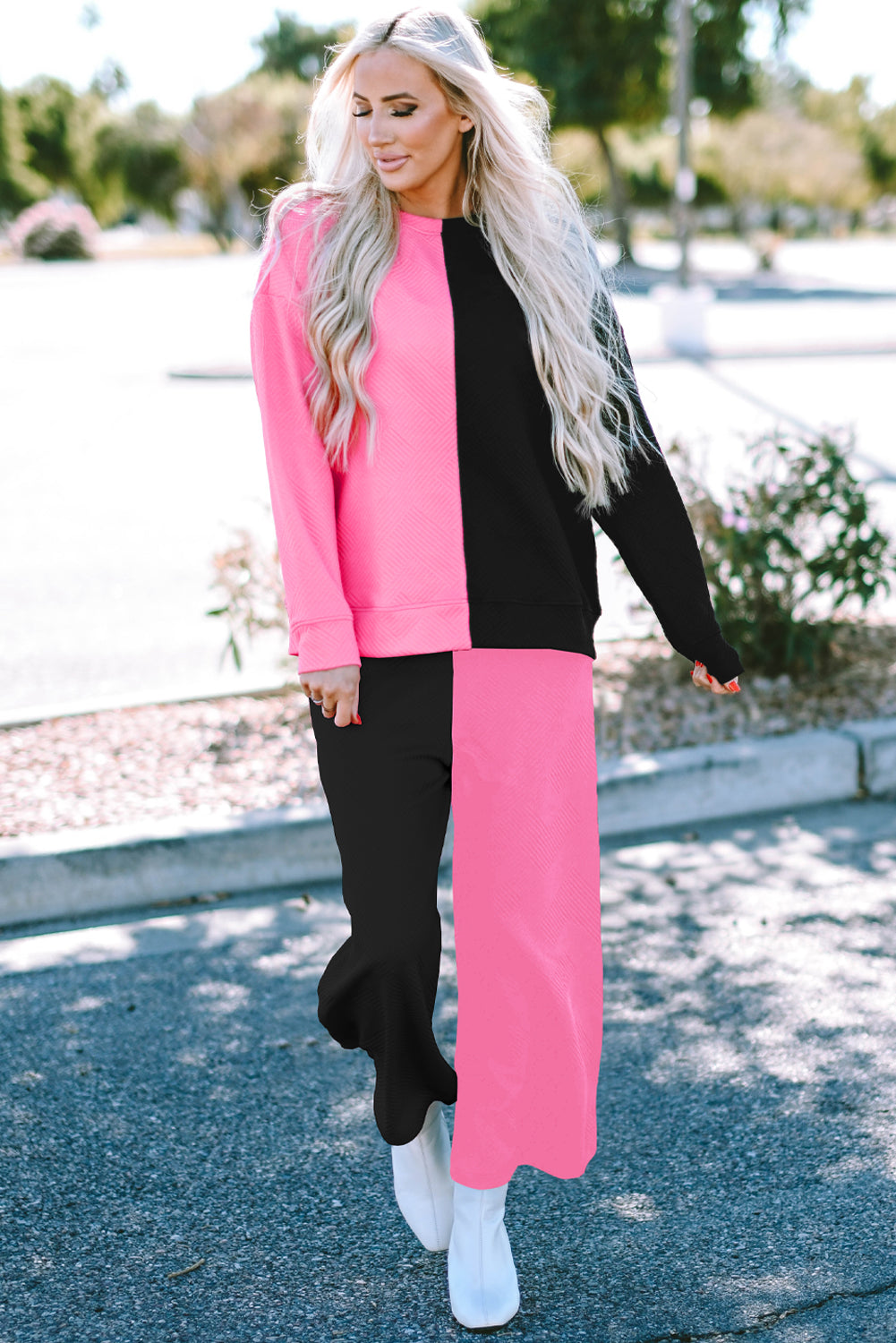 Women's Textured Everyday 2-Piece Contrast Color-Block Outfit