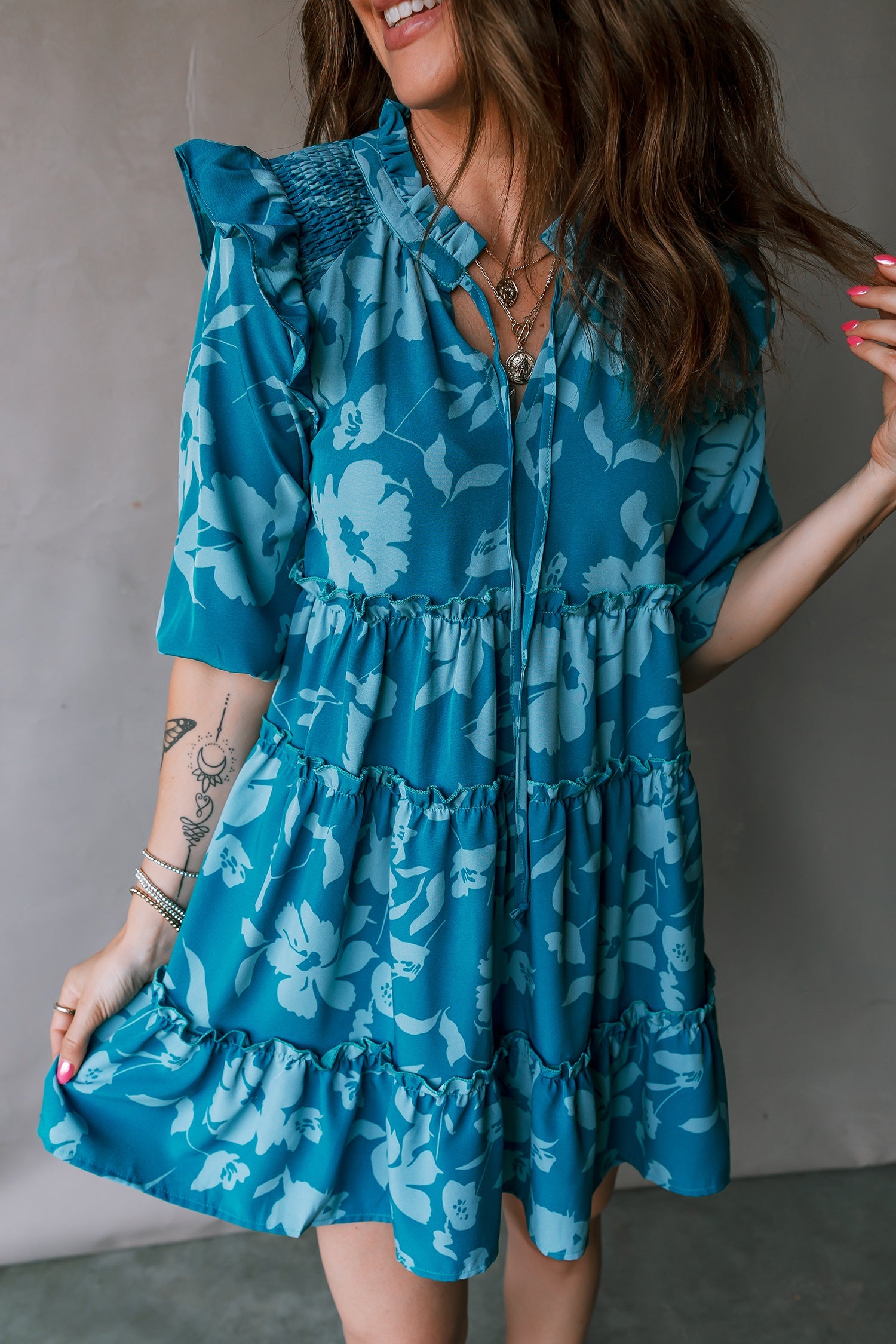 Flower Half Sleeve Tiered Ruffled Mini Dress in Blue