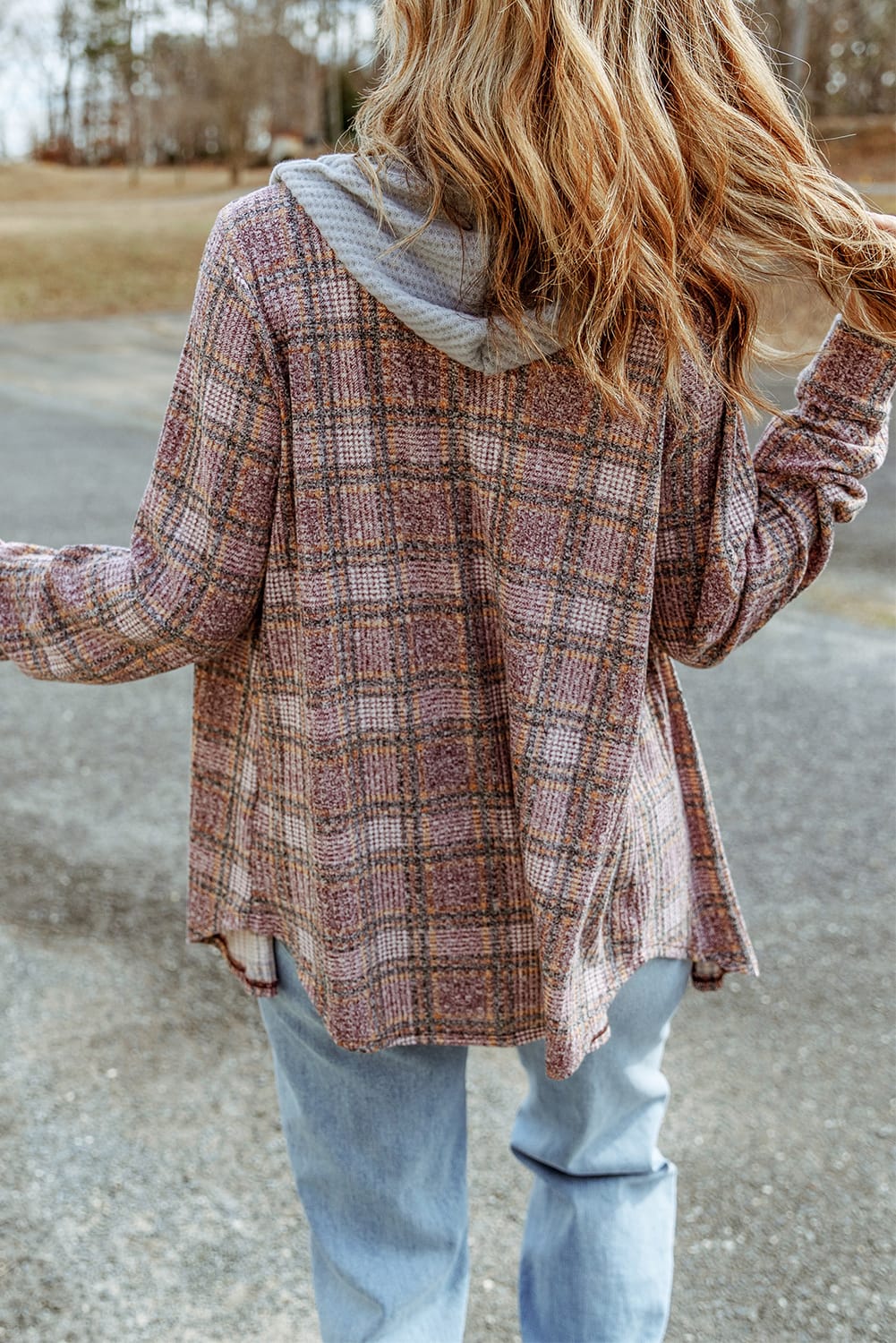Women's Shacket with Drawcord Plaid Hooded