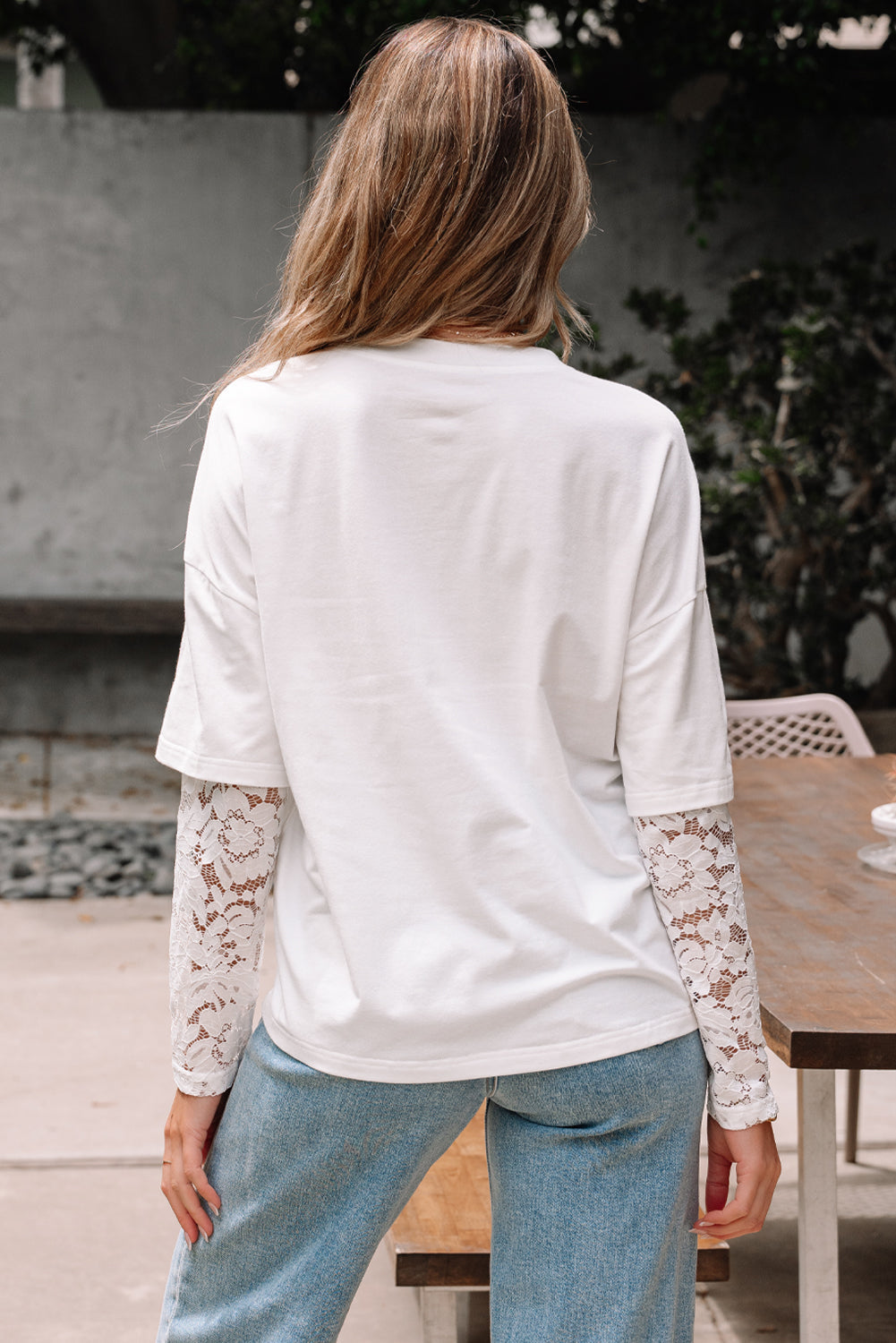 Lace Long-Sleeved Insert Drop-Shoulder Tee