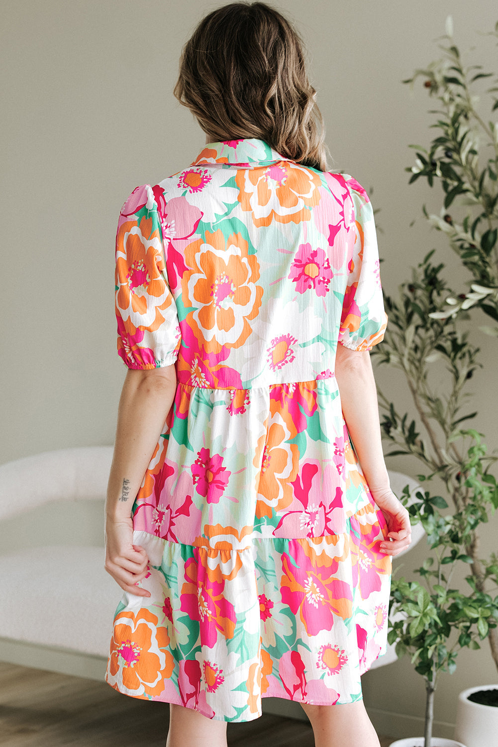 Floral Puff Sleeve Collar Buttoned Babydoll Dress