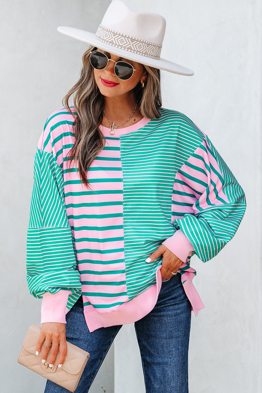 Colorblock Mix Pattern Patchwork Side Slit Baggy Sweatshirt