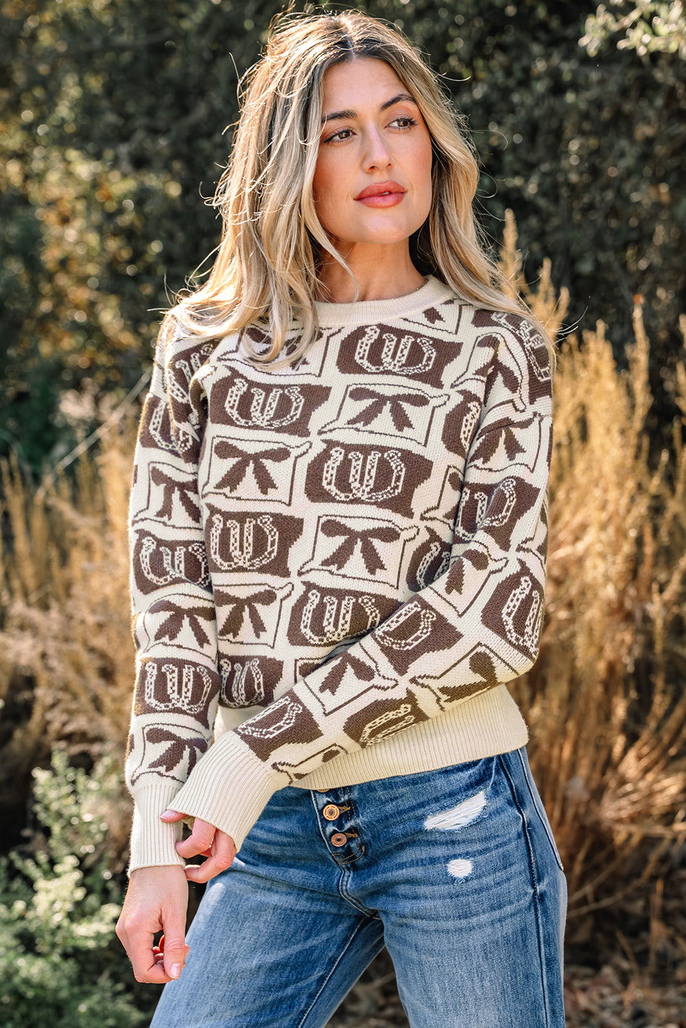 Horseshoes Bows & Pattern Western Fashion Print Knit Top