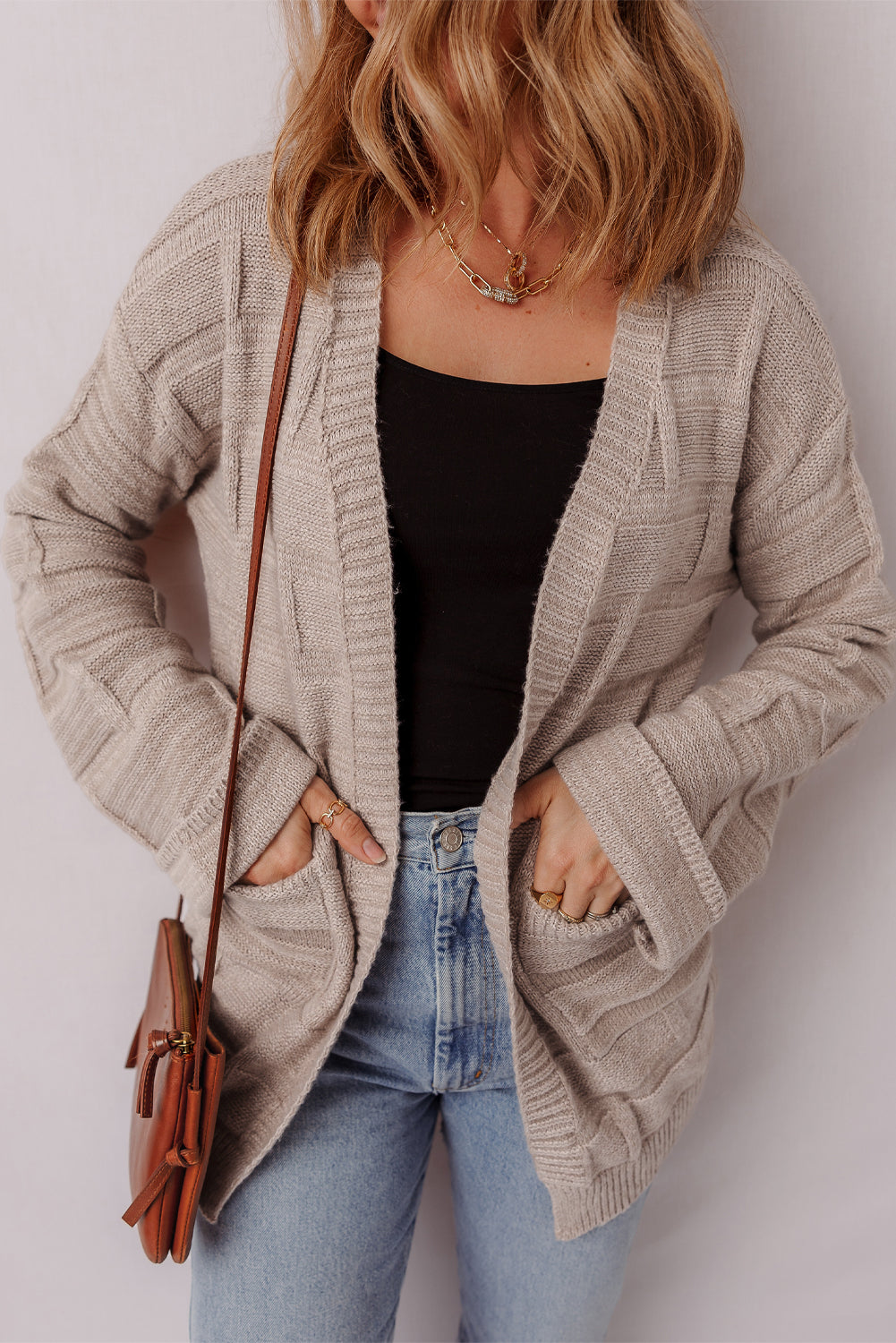 Textured Knit Open-Front Polished Cardigan Featuring Pockets