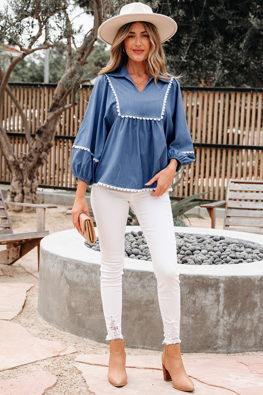 Ric Rac Lace Rac 3/4 Puff Sleeve Collared Babydoll Blouse