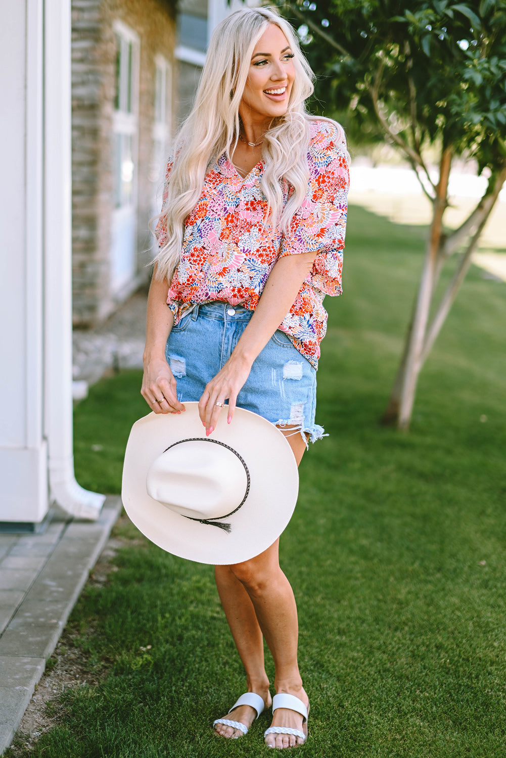 Blouse for Women Gorgeous Floral-Print Notch V Neck