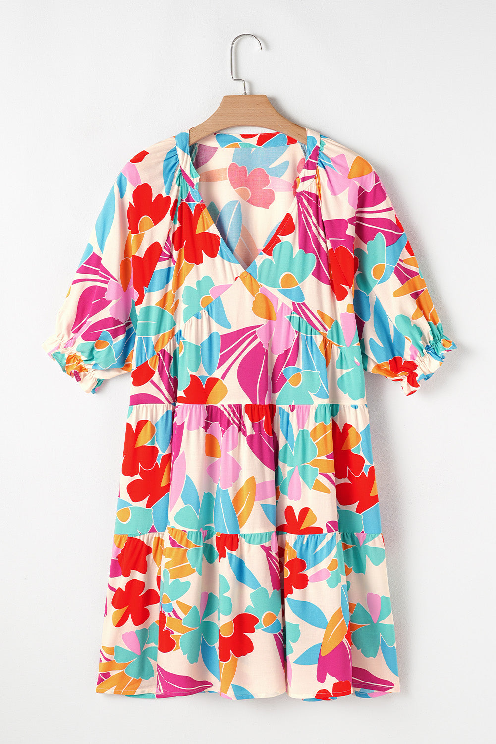 Rose Red Floral V Neck Tiered Ruffle Babydoll Dress