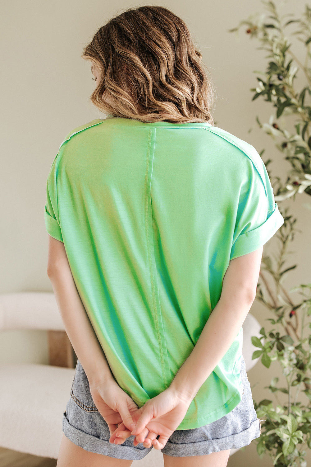 Blue Green Colorblock Rounded Hem Loose T Shirt