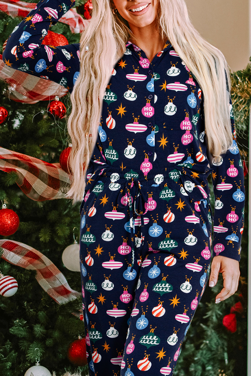 Lights Colorful Christmas Print Shirt and Pants Pajama Set