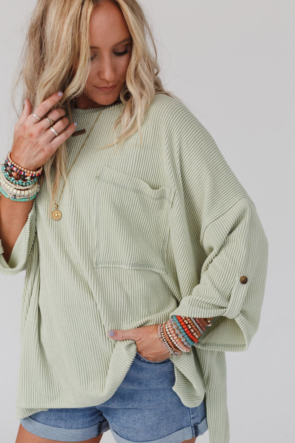 Women's Rib-Knitted Roll-tab Sleeve Oversize Top
