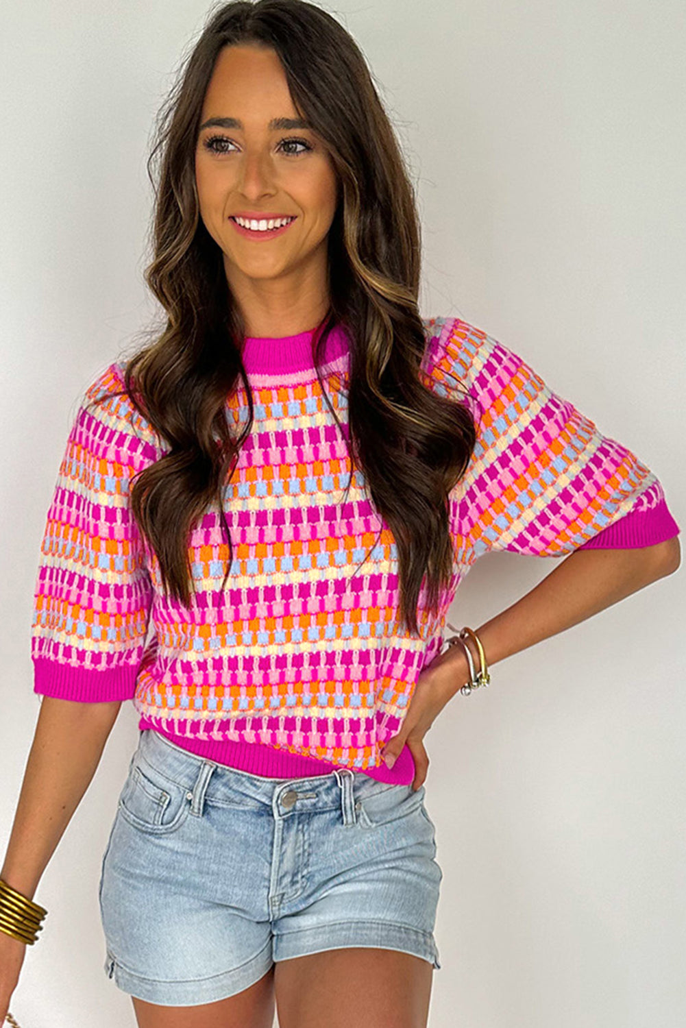 Striped Knitted Short Sleeve Sweater Top