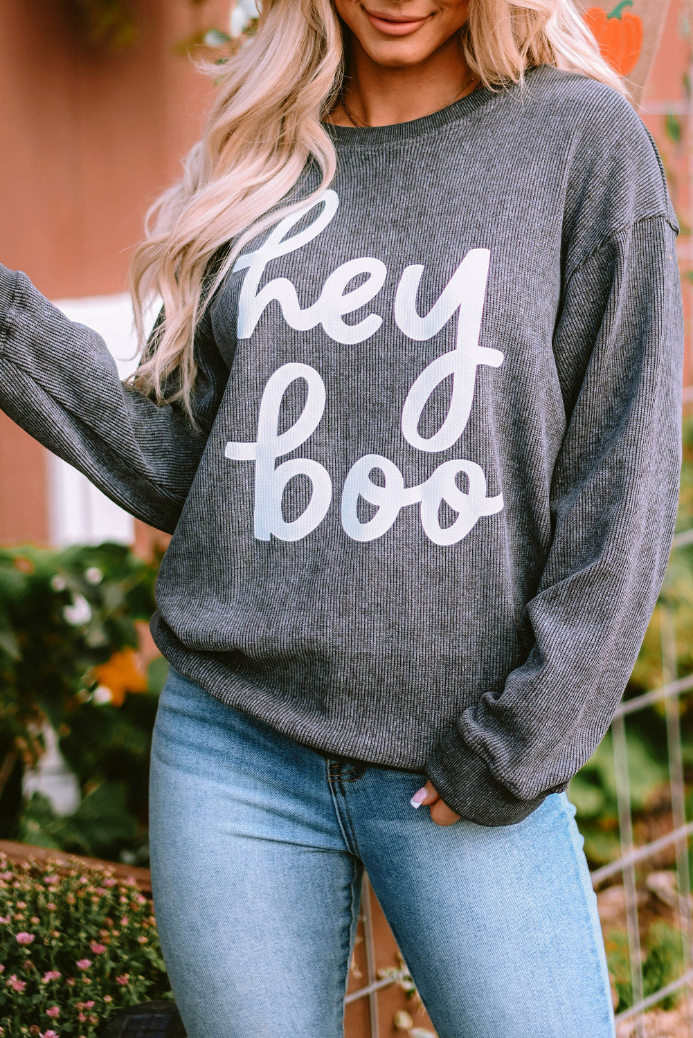 Women's Sweatshirt Featuring hey boo Graphic-Print Corded Halloween