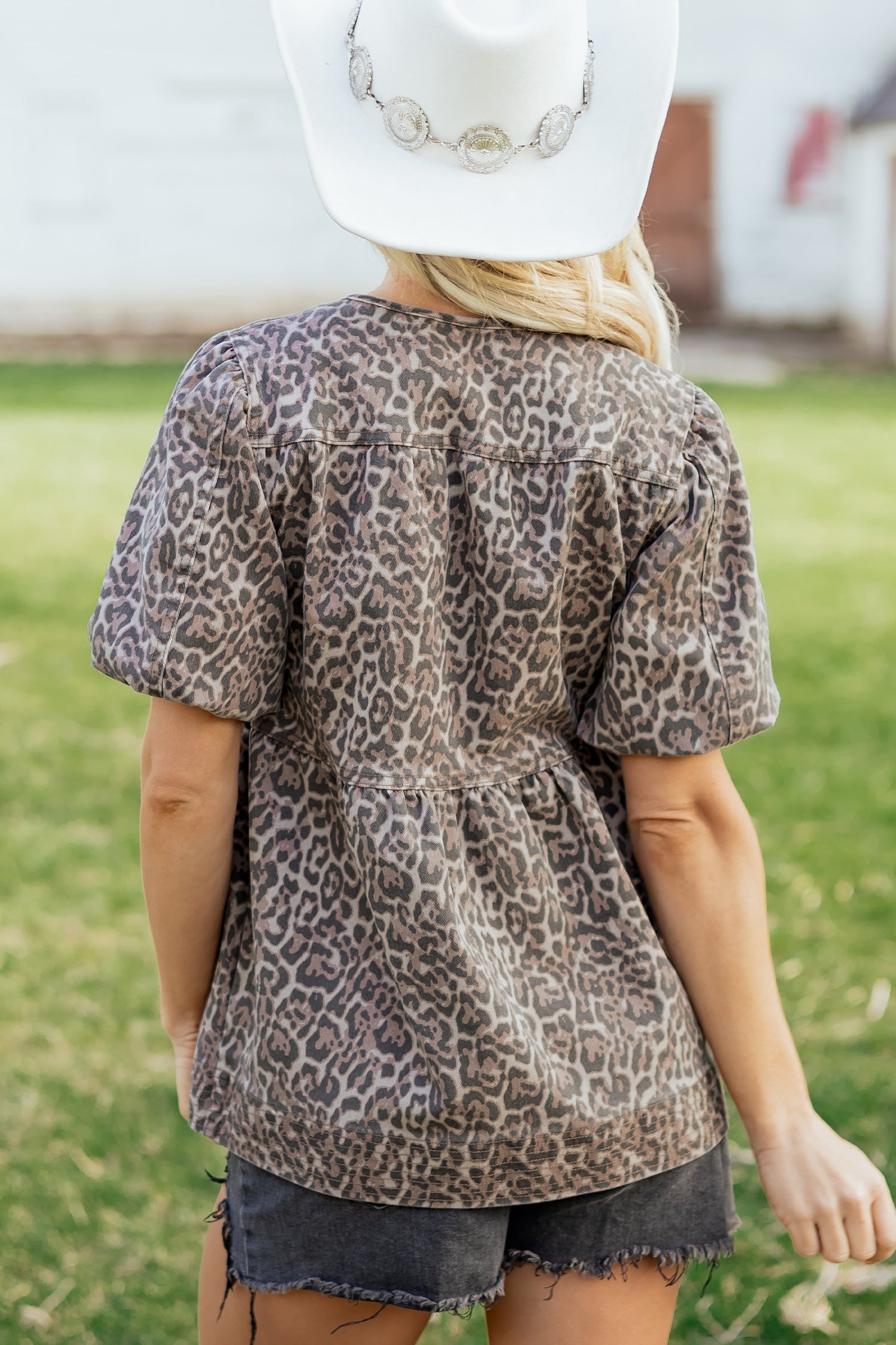 Leopard Tie Neck Short Puff Sleeve Denim Babydoll Top in Brown