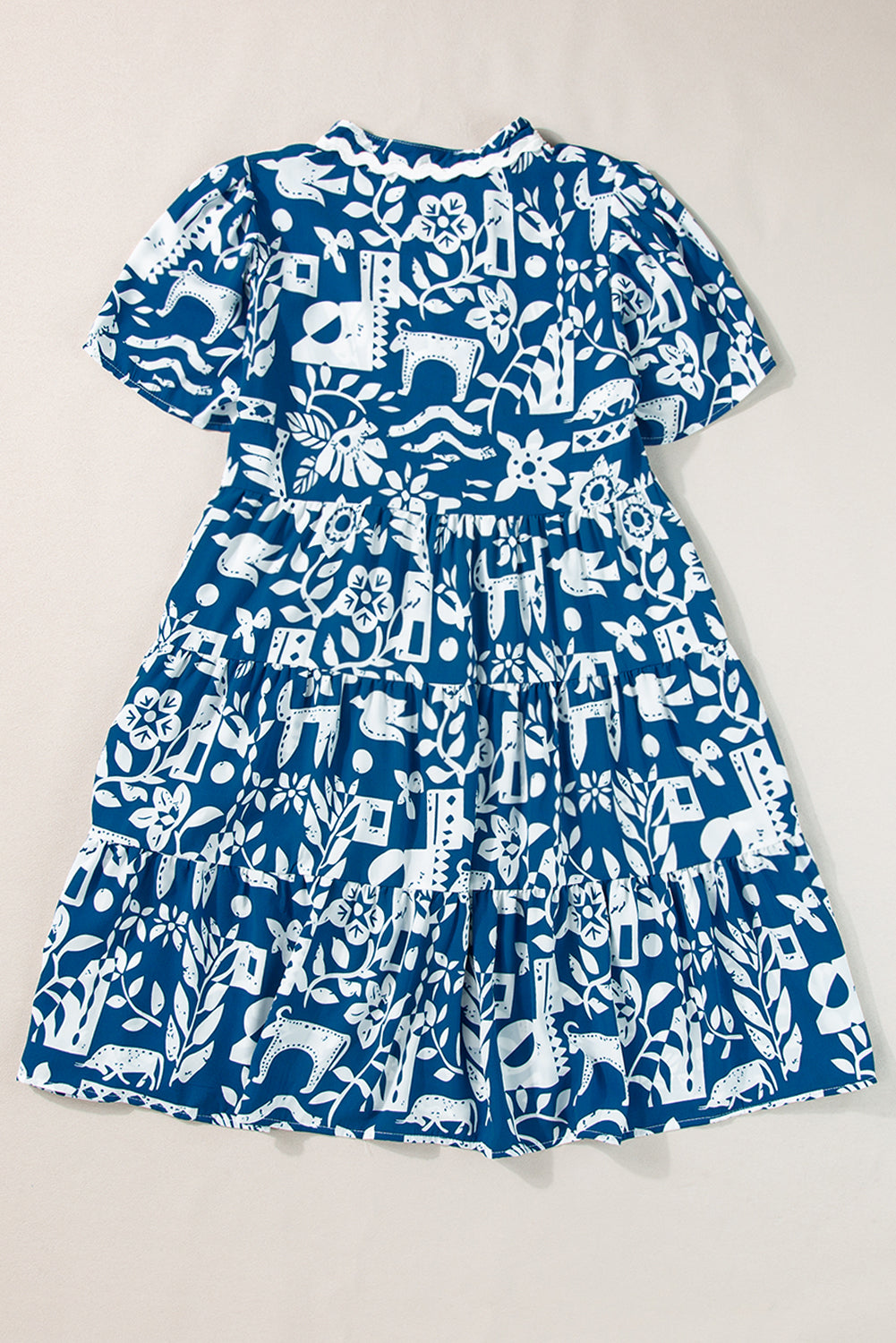 Ricrac Trim Split Neck Floral Loose Dress