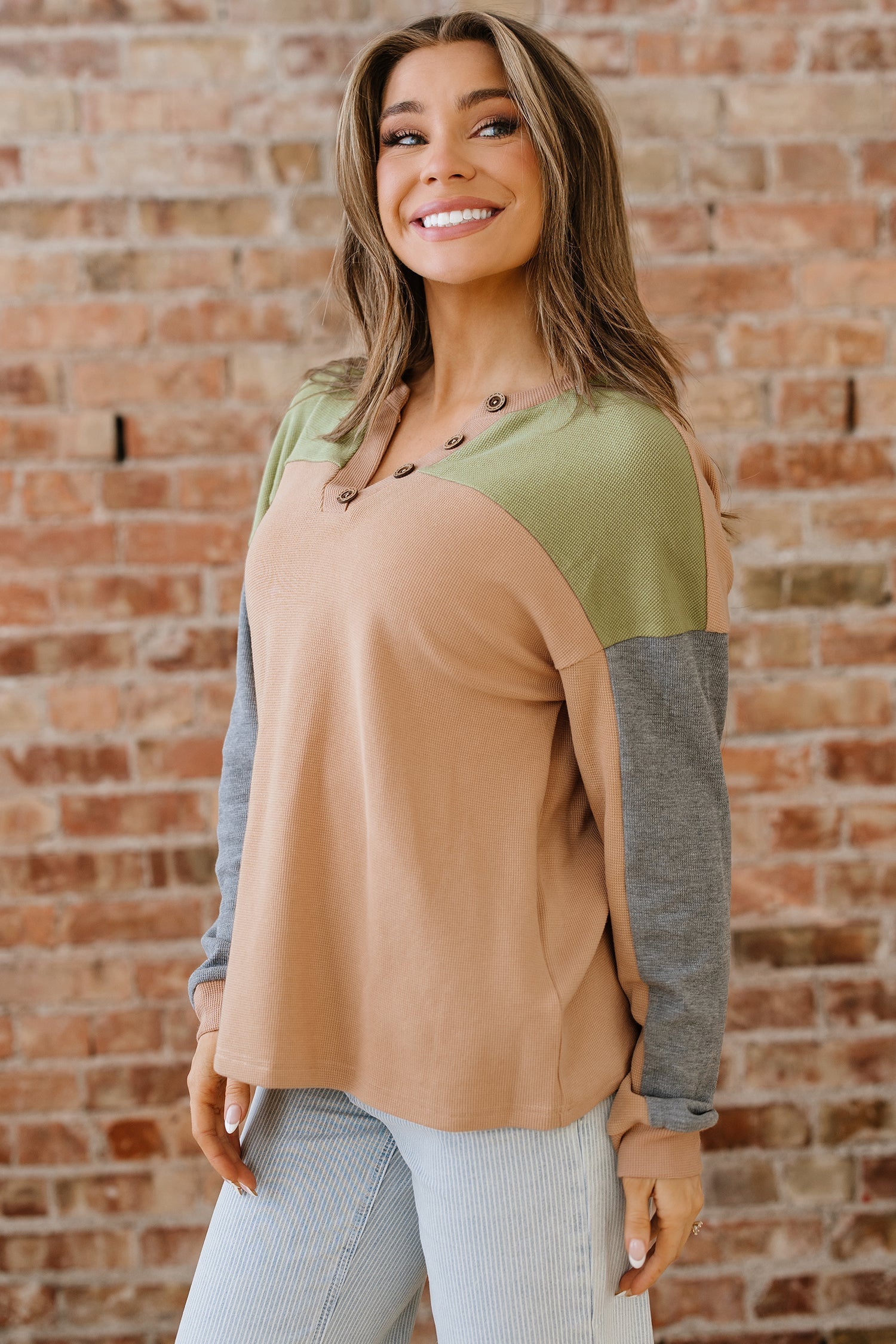 Colorblock Thermal Textured Knit Drop-Shoulder Henley Top