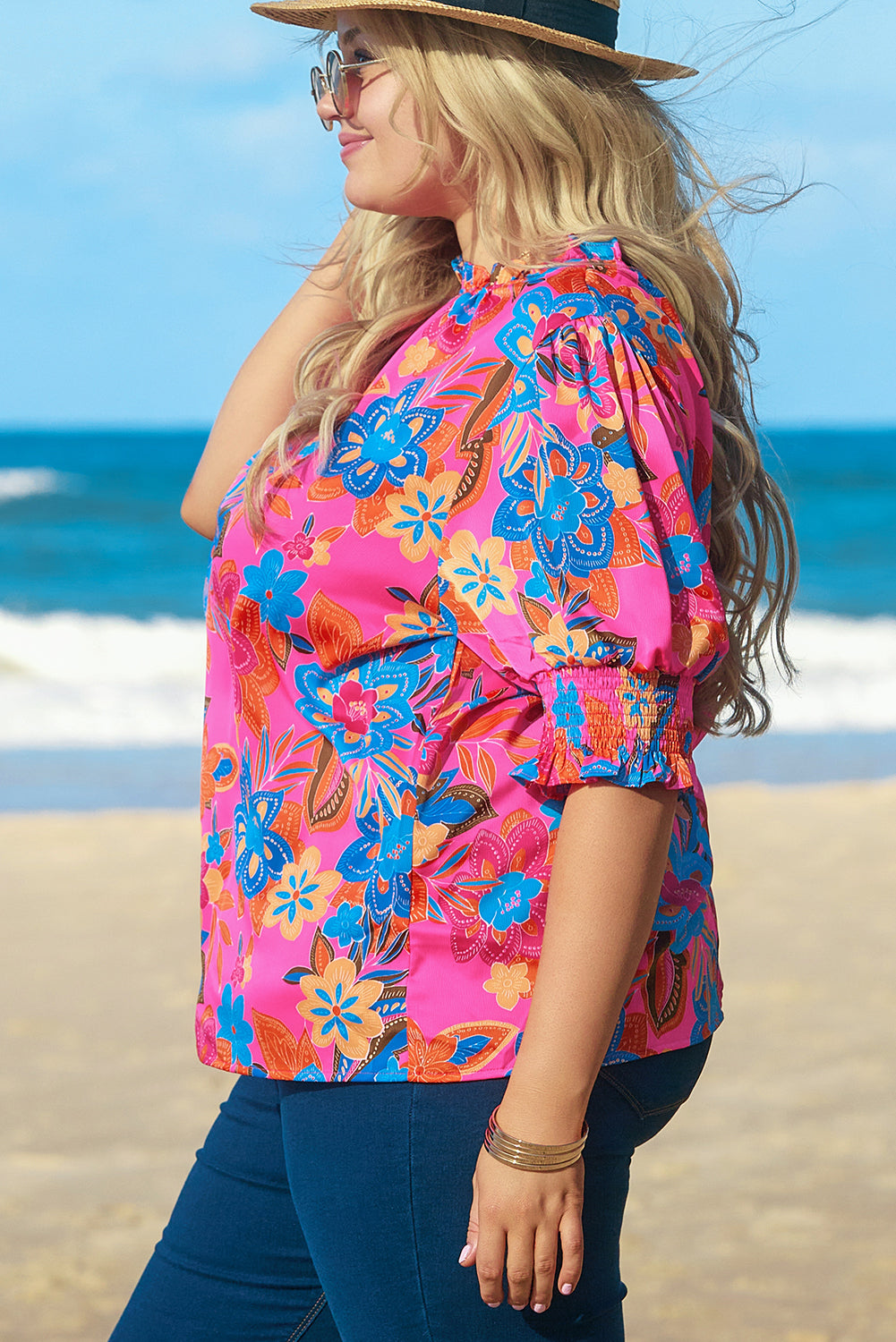 Women's Blouse Featuring Floral-Print Frill-Trimmed Plus Size