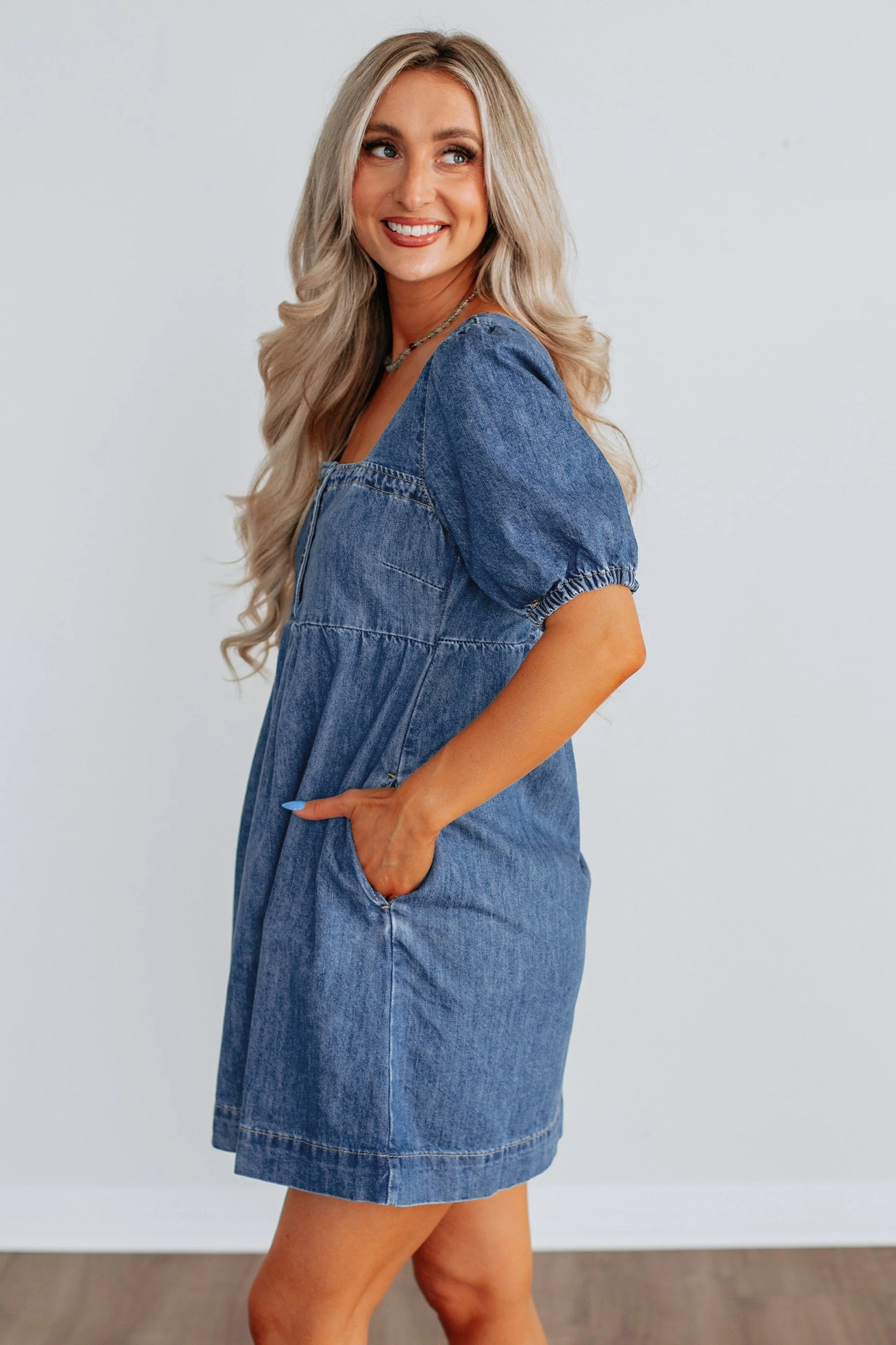 Button Short Square Neck Puff Sleeve Denim Mini Dress in Blue