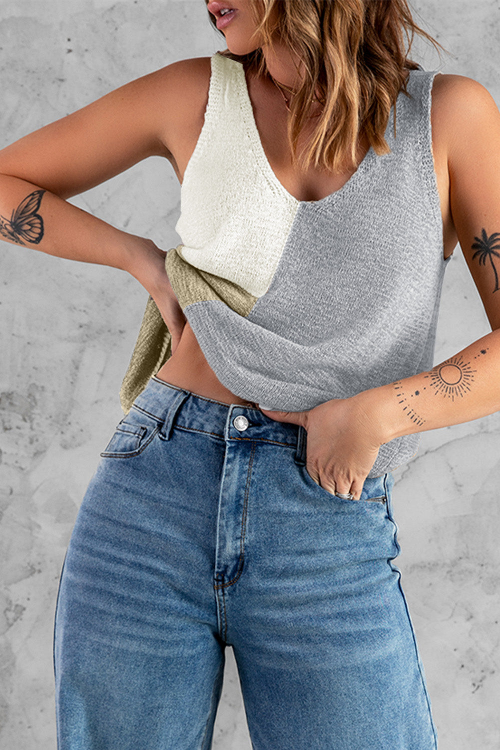 Women's Tank Top Featuring Color-Block Knitted