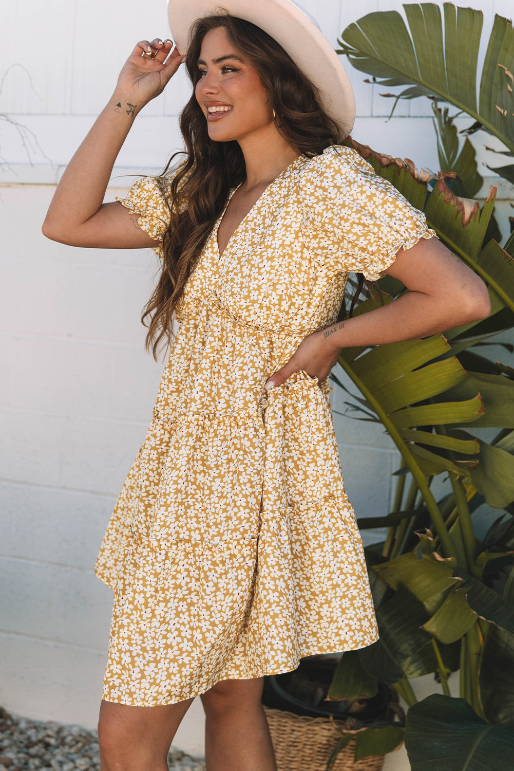 Floral Short Sleeve V Neck Frilly Tiered Mini Dress