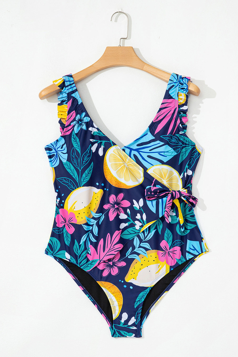 Plus Size Printed Wrap Knot Ruffled One Piece Swimwear