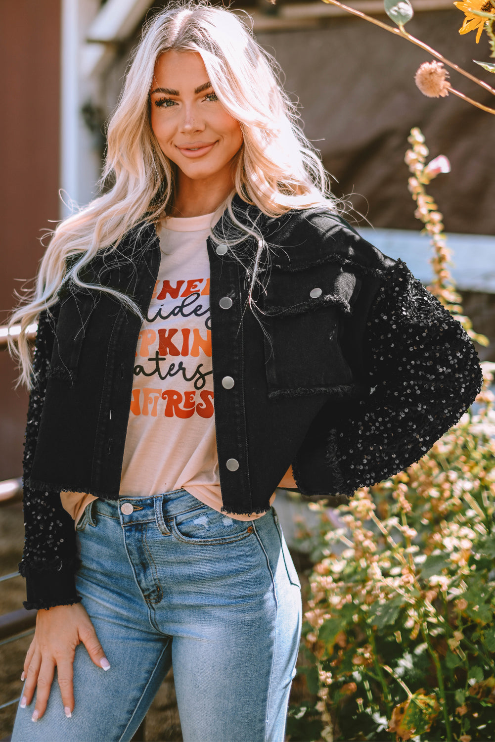 Women's Sequin Raw-Edge Denim Jacket
