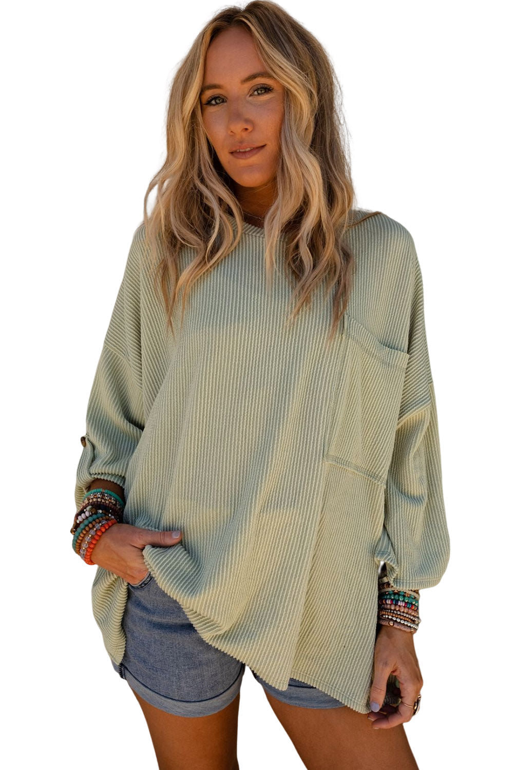 Women's Rib-Knitted Roll-tab Sleeve Oversize Top