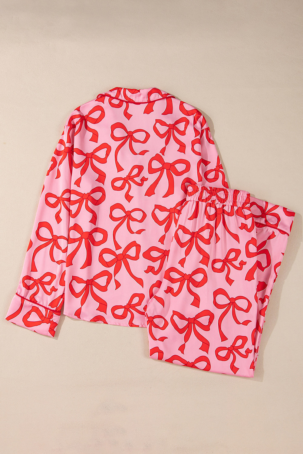Bow Print 2pcs Print Shirt Style Long-Sleeved Pajama Set