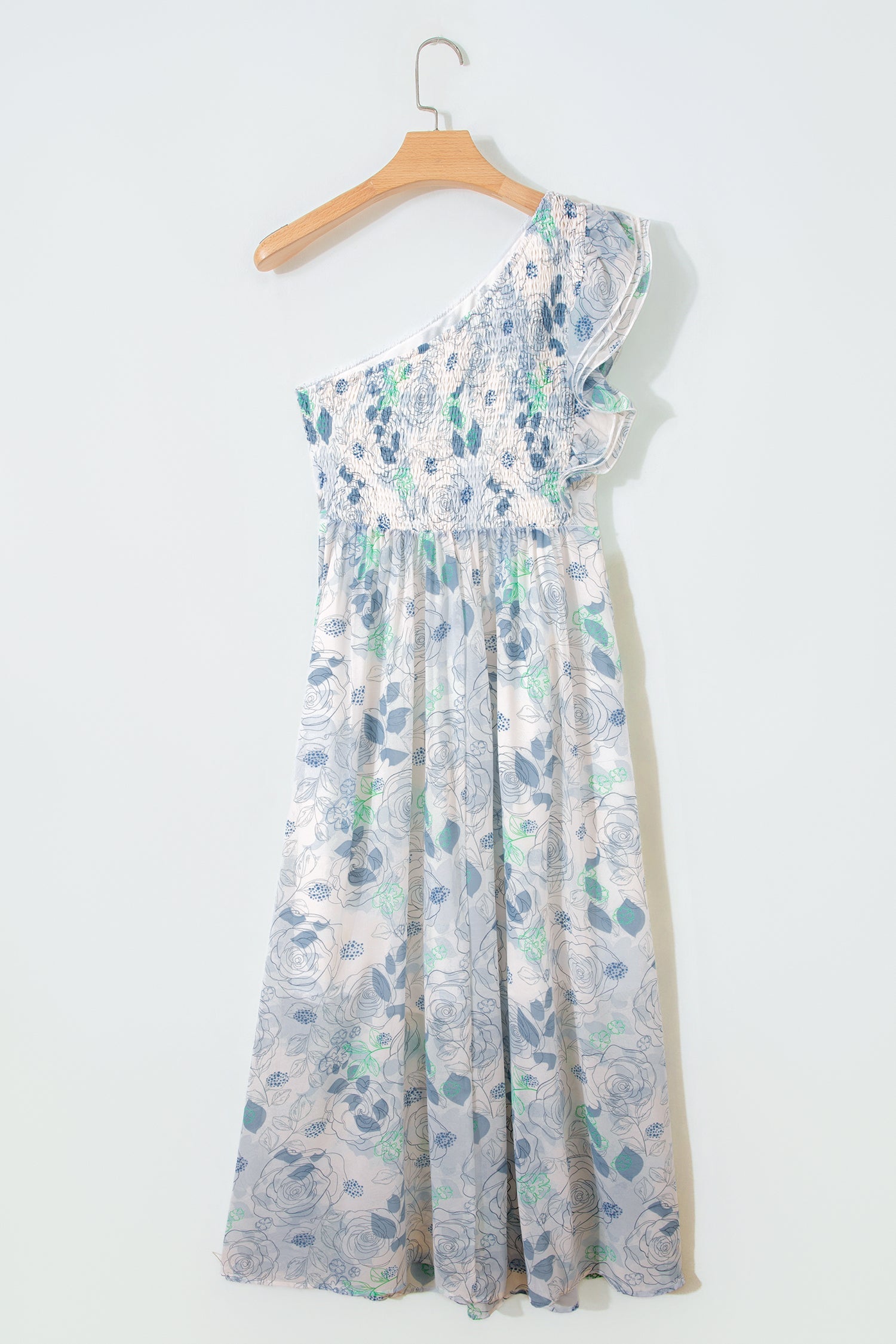 Floral-Print Ruffled One Shoulder Vacation Maxi Dress in Sky Blue