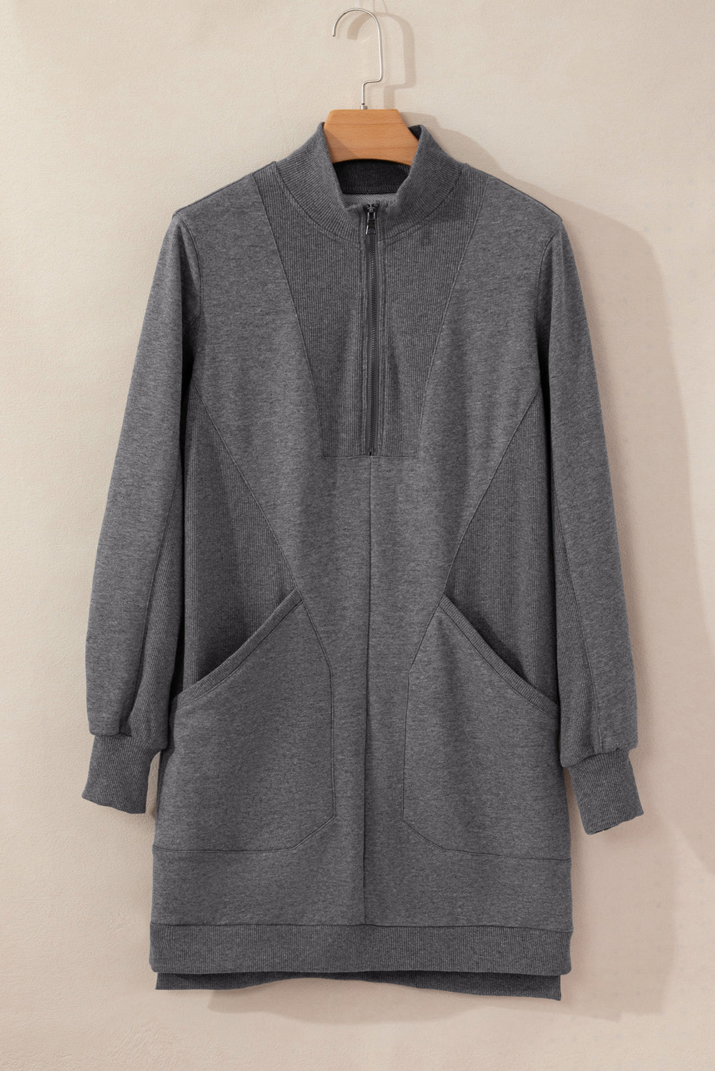 Zip-Front Patchwork Collared Rib-Knit Sweatshirt Dress Featuring Pockets