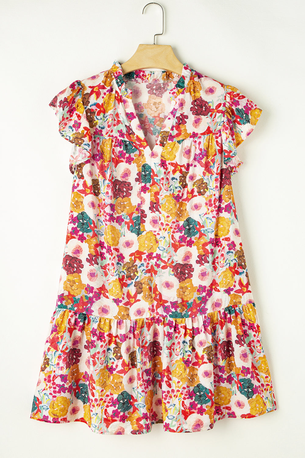 Women's Dresses Featuring Split Neck Flutter Floral-Print Print