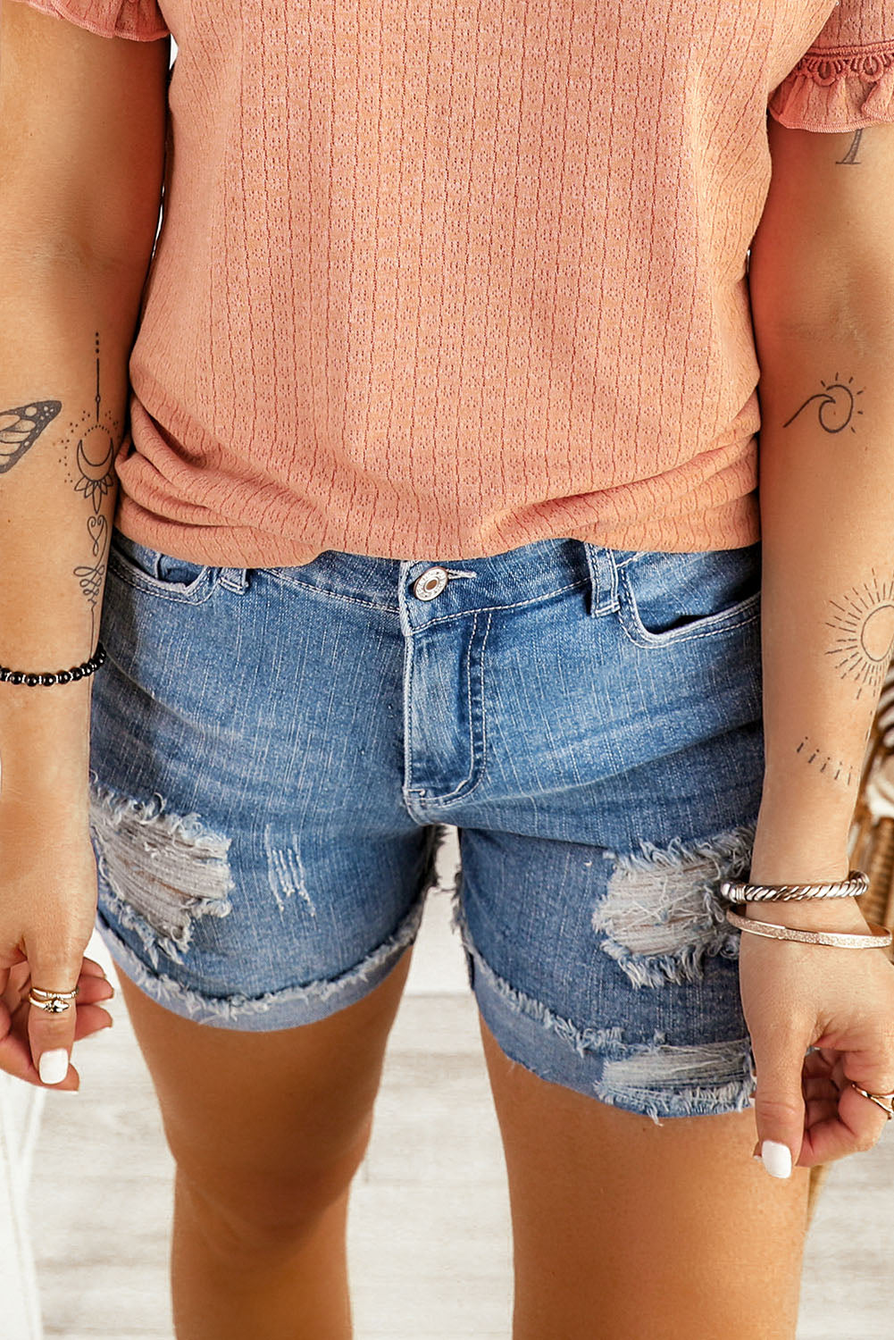 Women's Shorts with Distressed Ripped Rolled Hem Denim