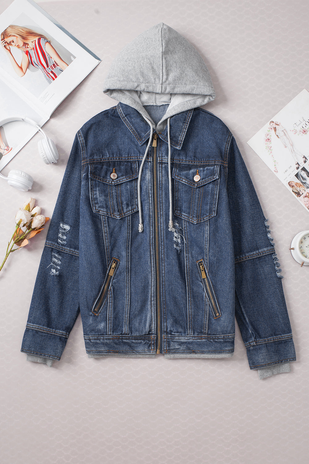 Women's Hooded Zip-Front Denim Jacket