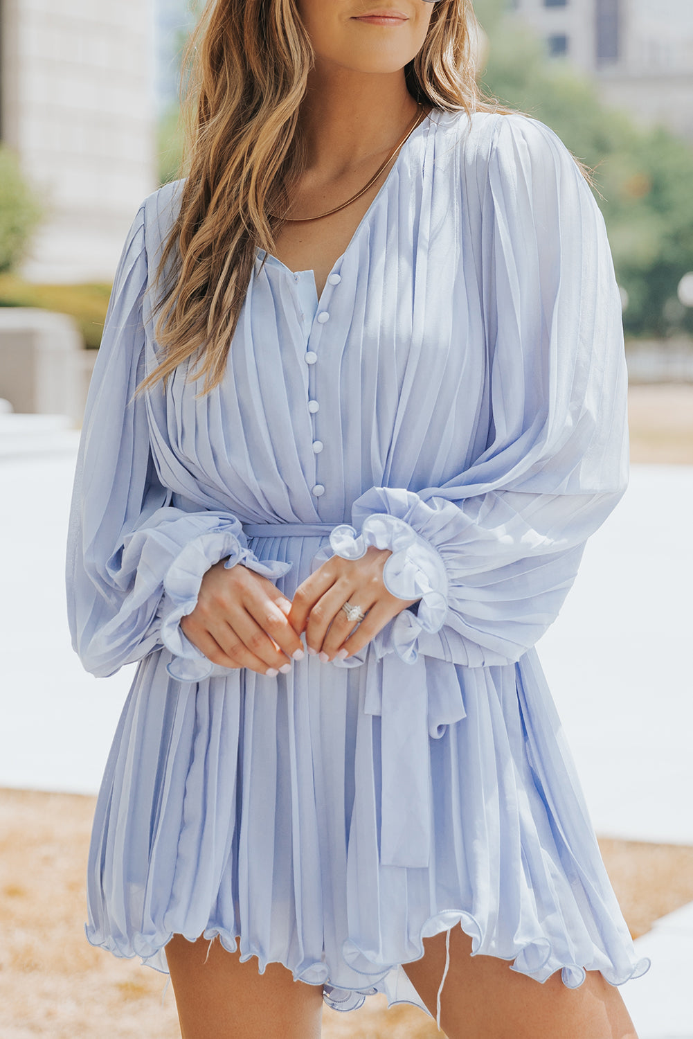 Romper for Women Buttons Pleat-Detail Ruffle-Trimmed Tie Waist