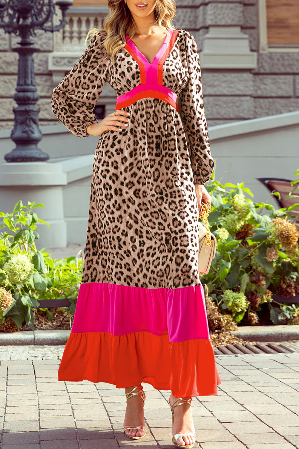 Women's Maxi Dress Featuring Relaxed Fit Leopard-Print V Neck