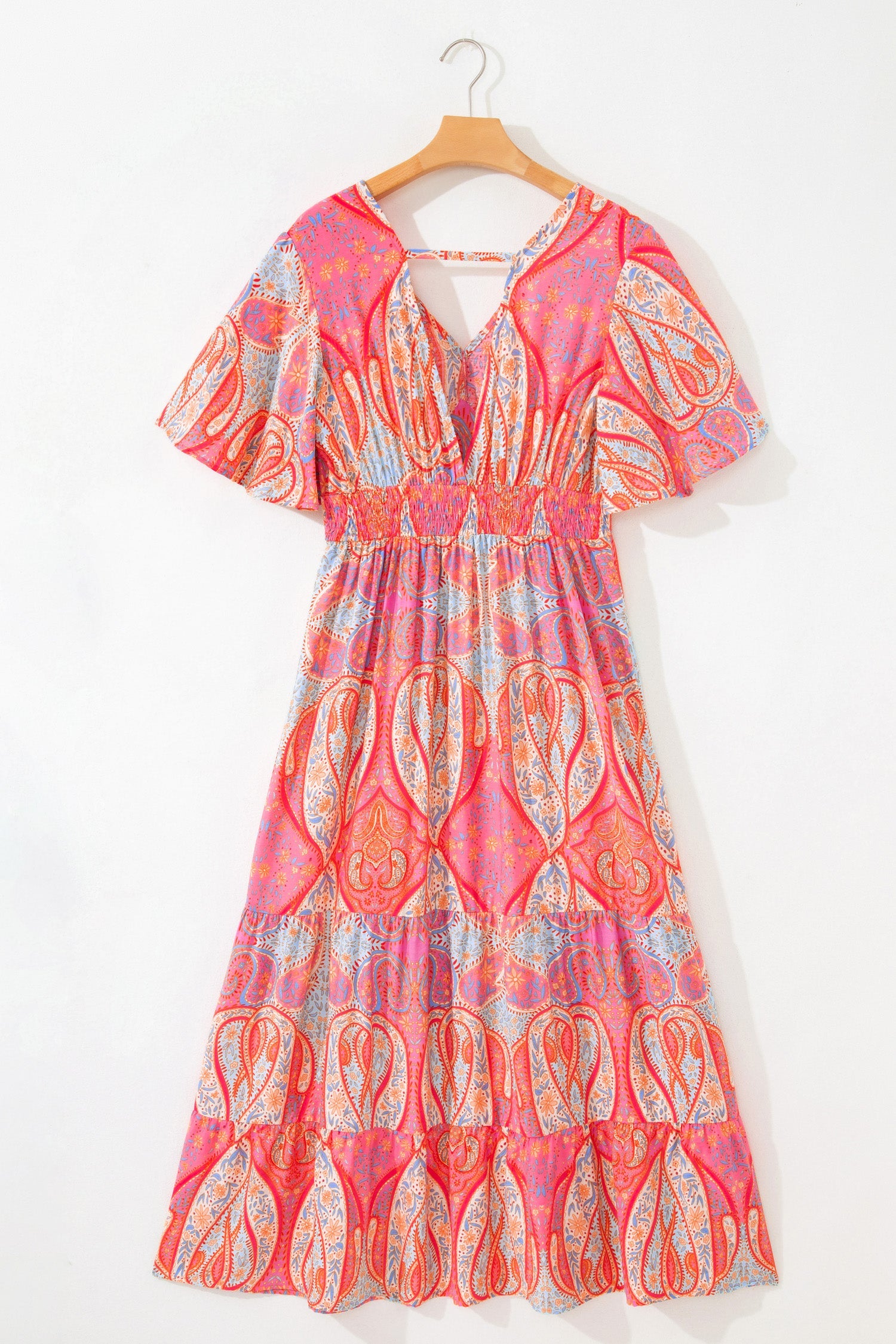 Polished Short-Sleeved Paisley Print Boho Maxi Dress with Ruffle Details