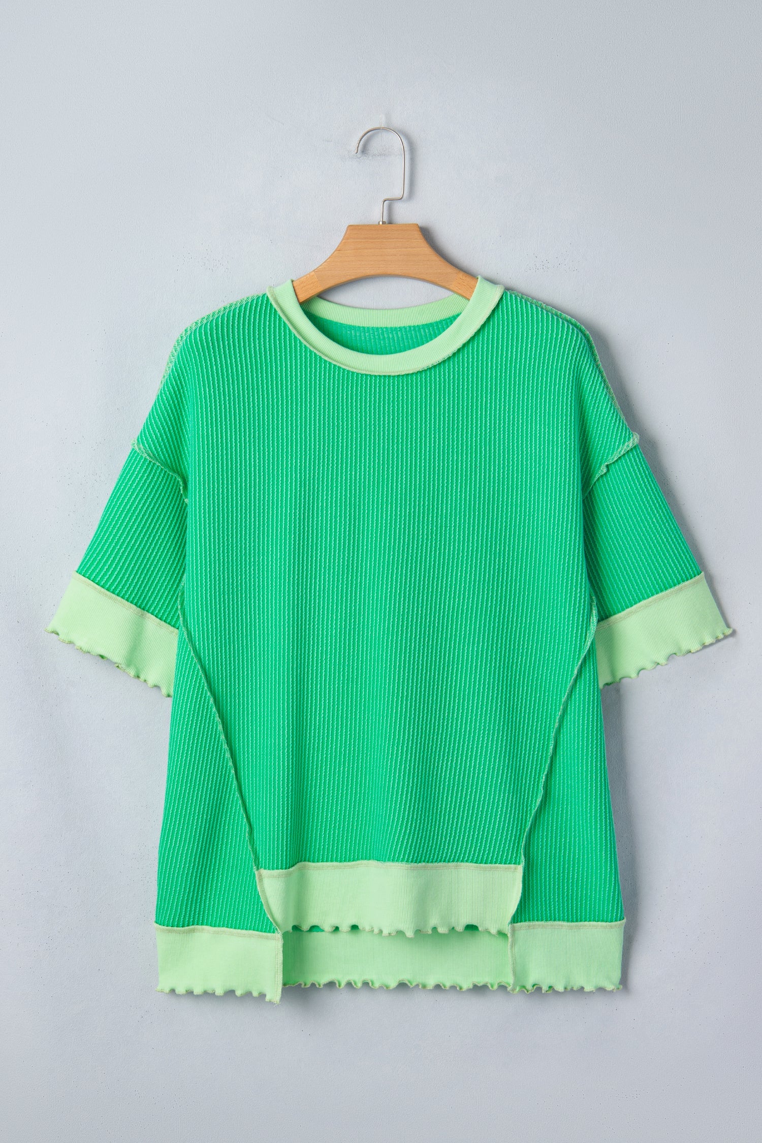 Everyday Loose Mint Green Uneven Hem Twist Rib-Knit T Shirt