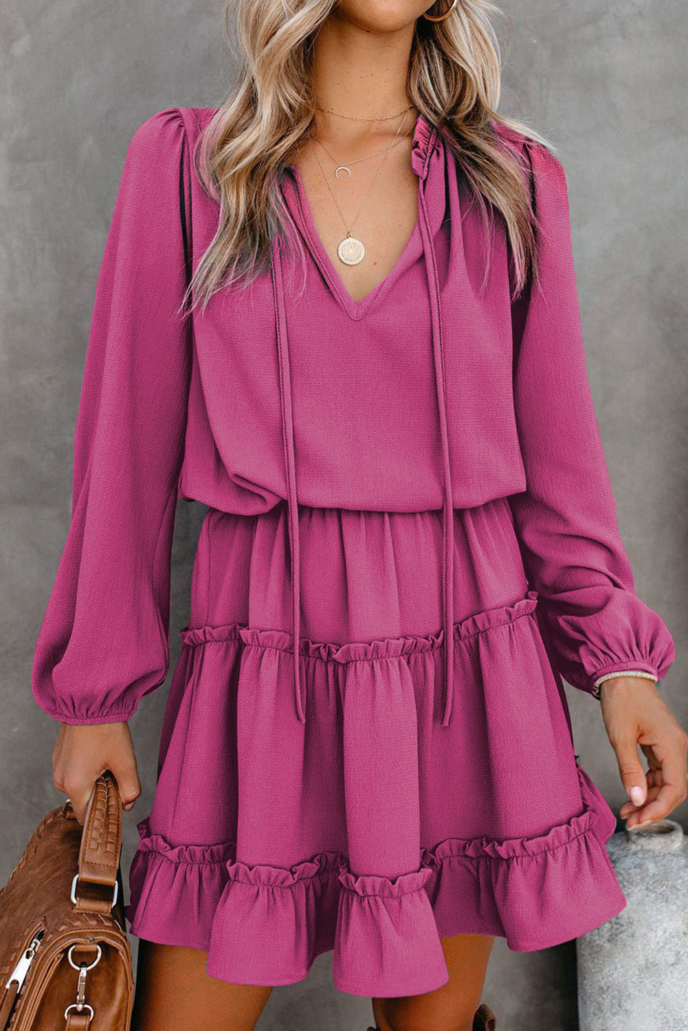 Mini Dress for Women Ruffle-Trimmed Layered V Neck