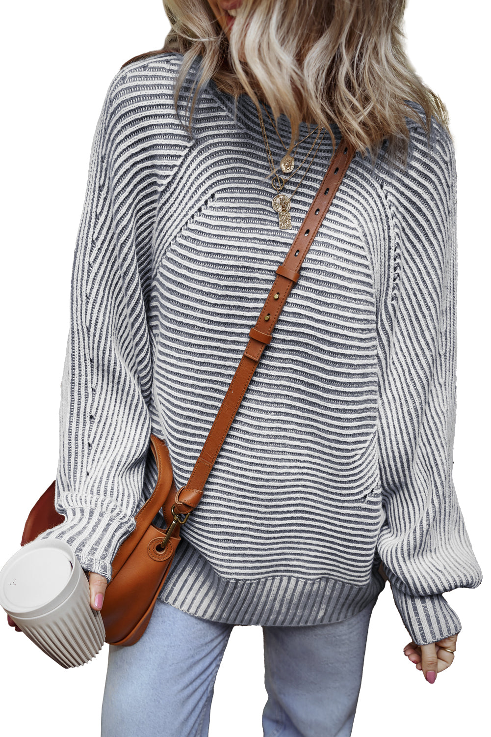 Print Rib-Knit Striped Rib-Knit Knit Boat Neck Baggy Knit Top
