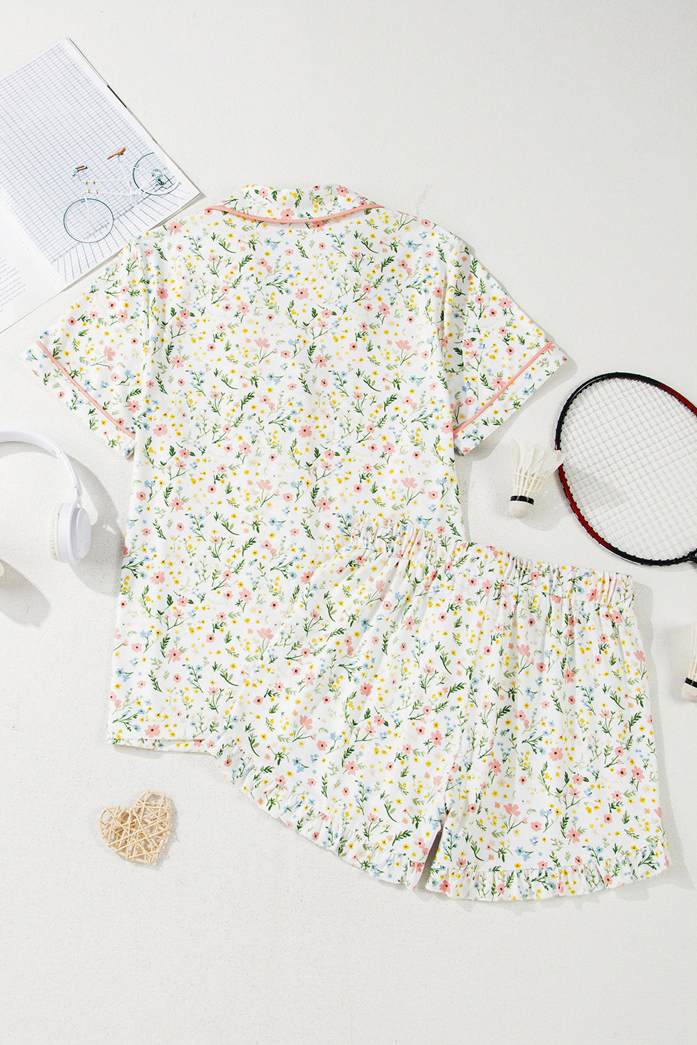 Contrast Pipping Floral-Print Pipping Short Pajamas Set Style