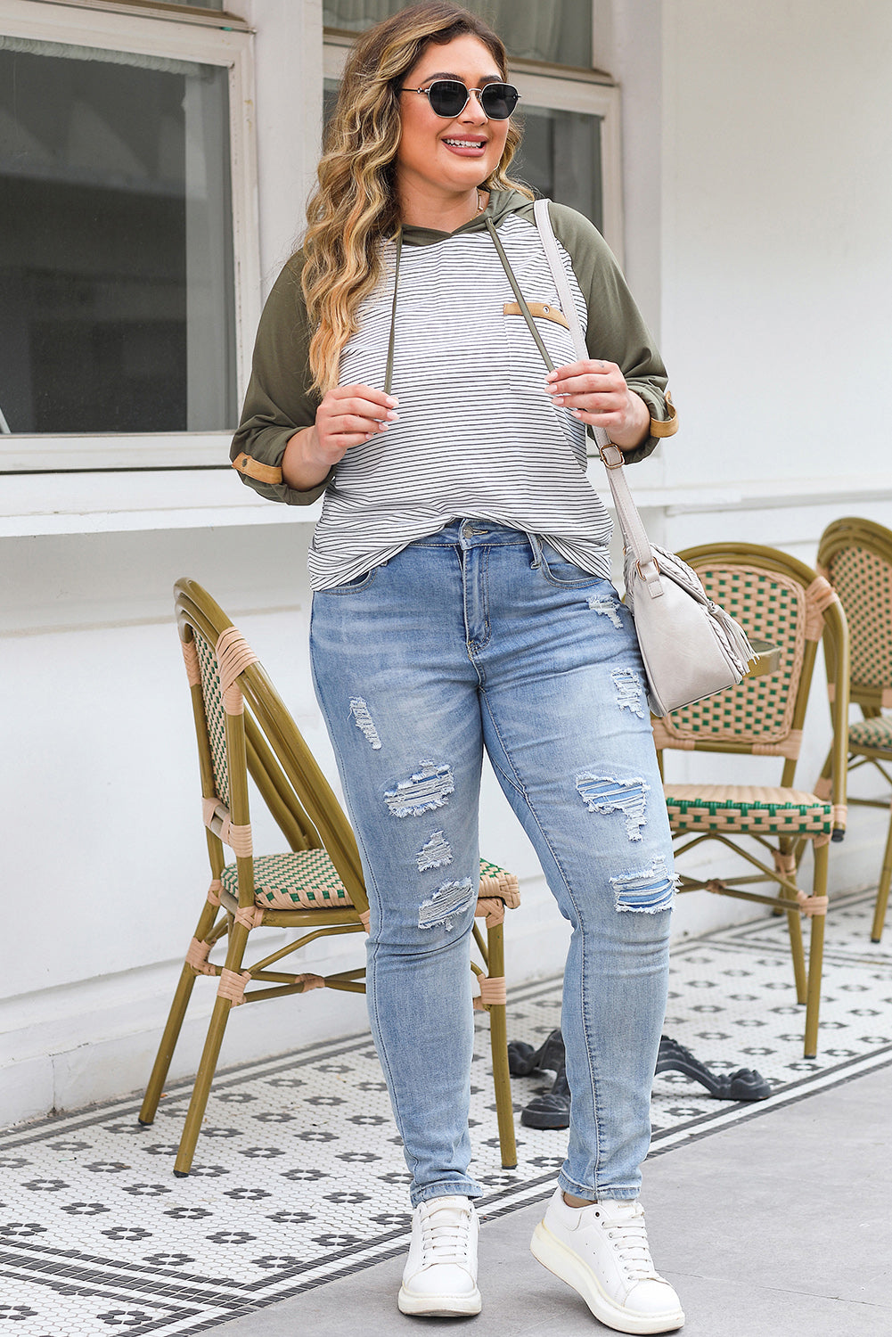 Women's Hoodie Featuring Plus Size Striped Raglan-Sleeve