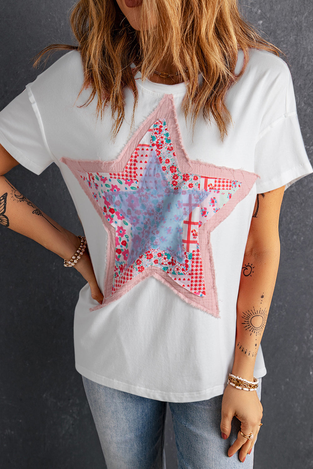 Women's T-shirt with Star Patchwork Loose