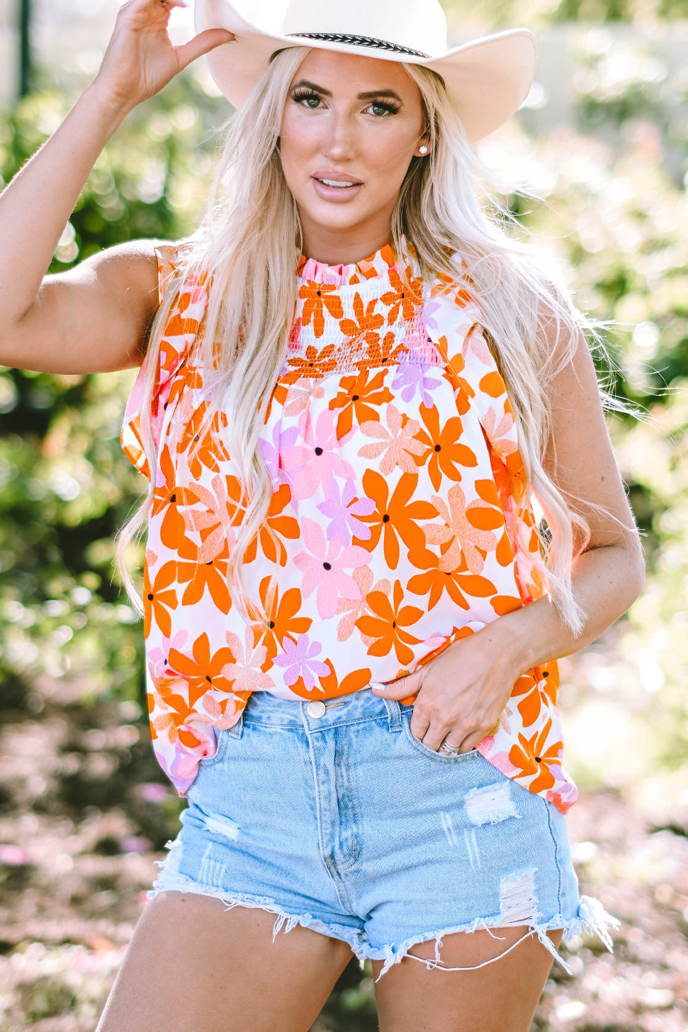 Women's Ruffle-Trimmed Sleeve Shirred Floral-Print Top