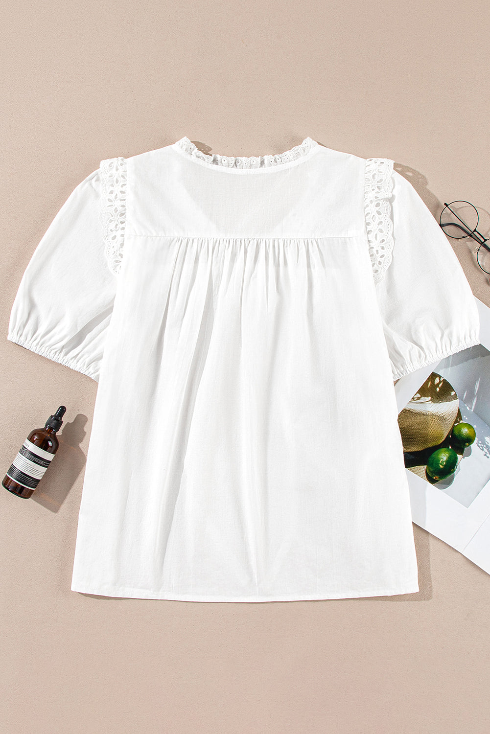 Embroidered Lace Puff Short Sleeve Blouse