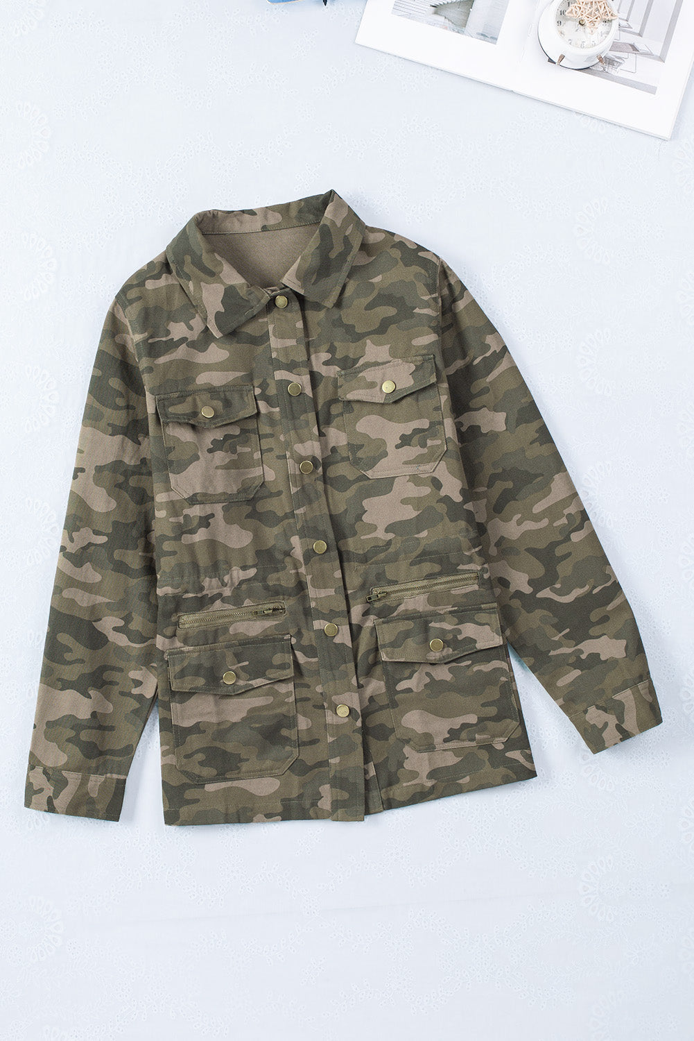 Women's Camouflage-Print Green Multi Pockets Button-Front Jacket